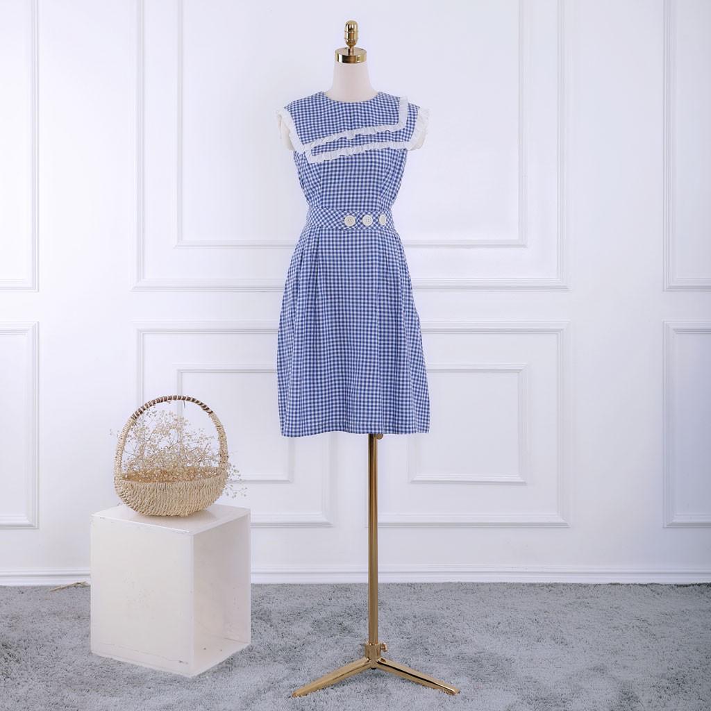 Đầm kiểu nữ sát nách kẻ caro dây lưng eo - Váy nữ cổ hải quân dáng xòe TK FASHION DK906