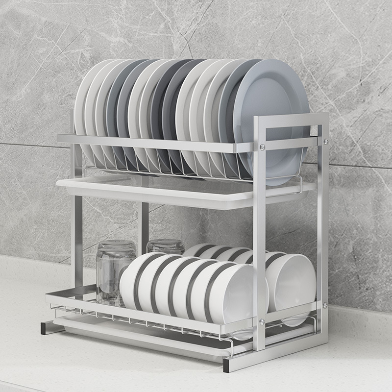 Kệ chén đa năng 2 tầng inox 304 Hobby Home Decor KC2T kèm khay hứng nước, ống đũa, giá treo thớt không rỉ sét