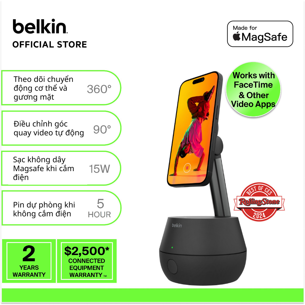 Giá đỡ iPhone theo dõi chuyển động thông minh xoay 360 độ tích hợp sạc Mag&lt;&gt;safe 15W Belkin Auto-Tracking Stand Pro with DockKit - Hàng chính hãng