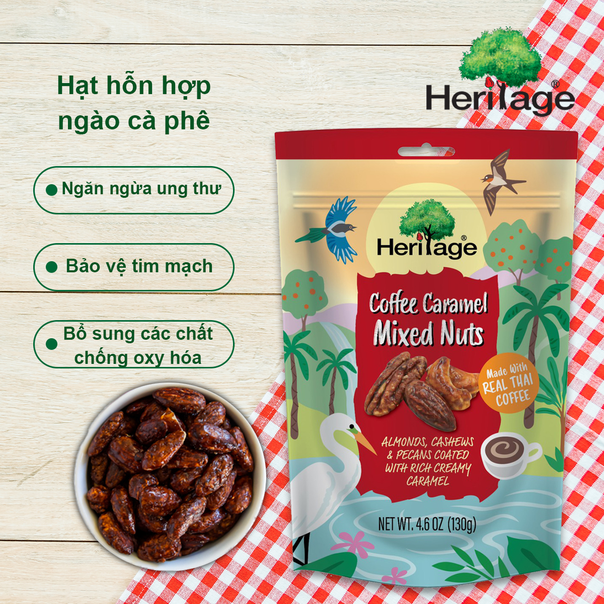Hạt hỗn hợp ngào cà phê Heritage : Hạnh nhân, hạt điều, hồ đào nguyên liệu Mỹ  ngào cà phê - Coffee caramen mixed Nuts