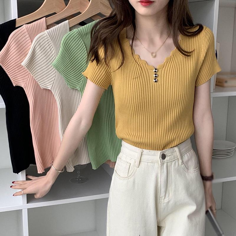 Áo Thun Dệt Kim Tay Ngắn Màu Trơn Thiết Kế Cổ Chữ V Thanh Lịch