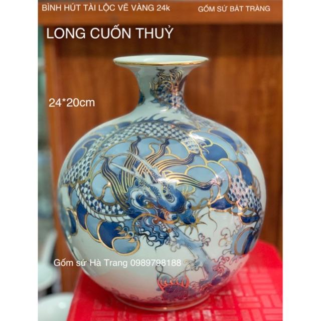 Bình hút tài lộc size nhỏ cao 24cm gốm sứ Bát Tràng vẽ vàng 24k hoạ tiết long cuốn thuỷ