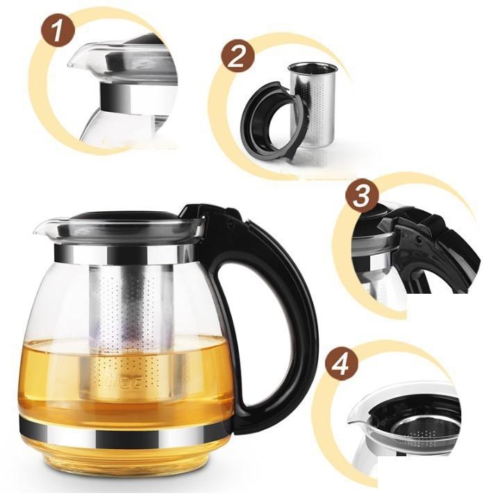 Bình Lọc Trà Thủy Tinh Tặng Kèm 4 Ly Sang Trọng - CÓ LỖi LỌC TRÀ INOX 1300ML- BÌNH PHA TRÀ CHẾ CAFE TIỆN LỢI 2in1