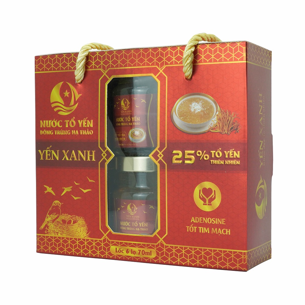 25% tổ yến - Nước tổ yến chưng đông trùng hạ thảo - YẾN XANH - Lốc 6 lọ x 70ml có quai xách