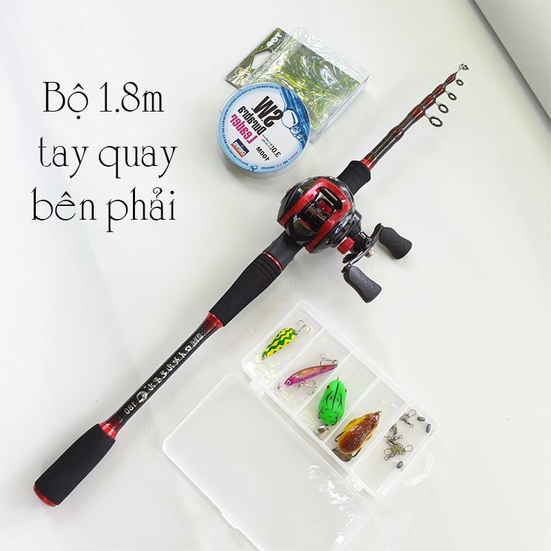 Bộ cần câu lure máy ngang rút gọn 60cm chất liệu carbon độ dài 1m8 - 2m1 - 2m4 kèm máy ngang và hộp mồi lure B-CM9