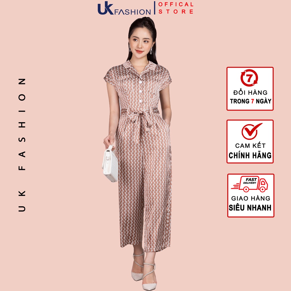 Bộ Jumpsuit Nữ UK Fashion Dáng Dài Cổ Vê Quần Ống Rộng, Họa Tiết Độc Đáo, Chất Lụa Hàn Cao Cấp Mềm Mát NKBD2204009