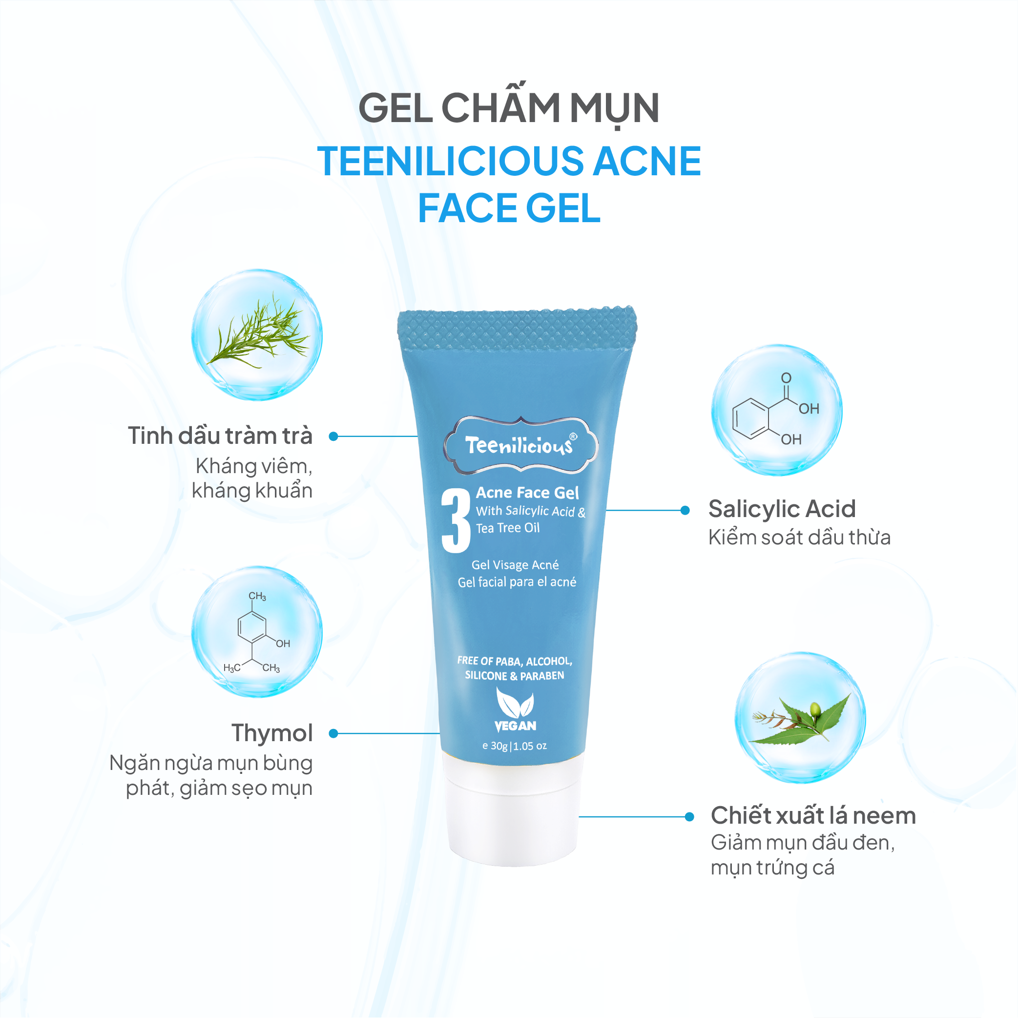 Gel Hỗ Trợ Giảm Mụn Dành Cho Da Dầu Mụn &amp; Da Nhạy Cảm Teenilicious Acne Face Gel - Tuýp 30g/15g