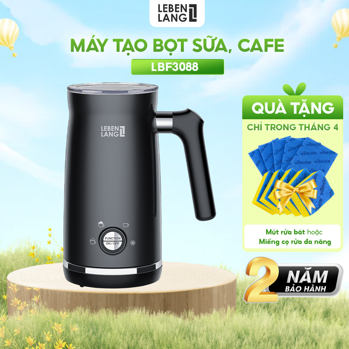 Máy tạo bọt sữa, cafe Lebenlang LBF3088, công suất 500W, dung tích 300ml, bảo hành 2 năm - hàng chính hãng