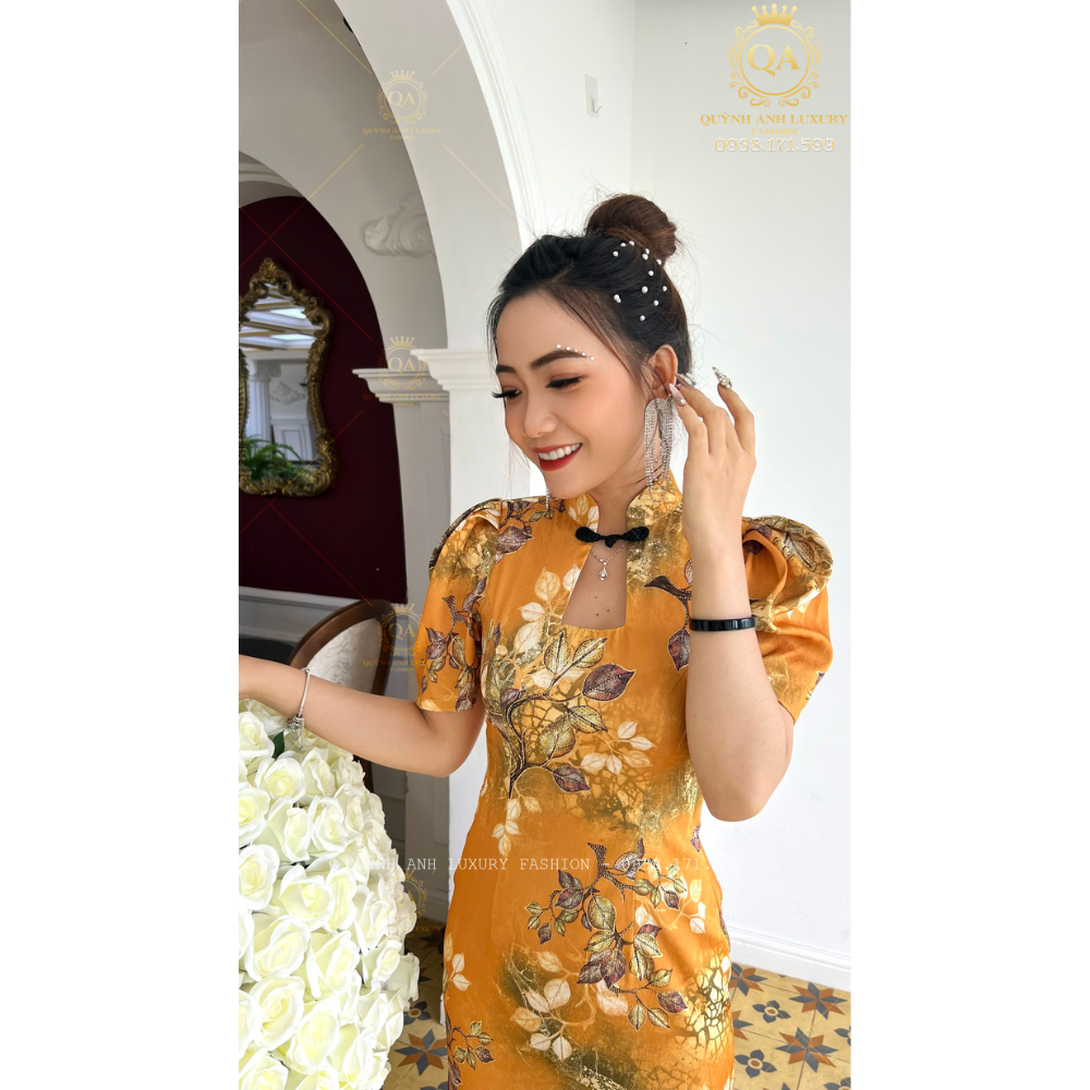 Sườn Xám Cổ Tàu Trung Hoa Lụa Ánh Kim Tone Vàng Sang Trọng Mia Dress