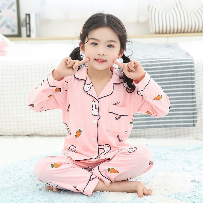 Bộ pizama bé gái bé trai hình thỏ xinh chất thun cotton xinh mát ấm áp mùa mưa