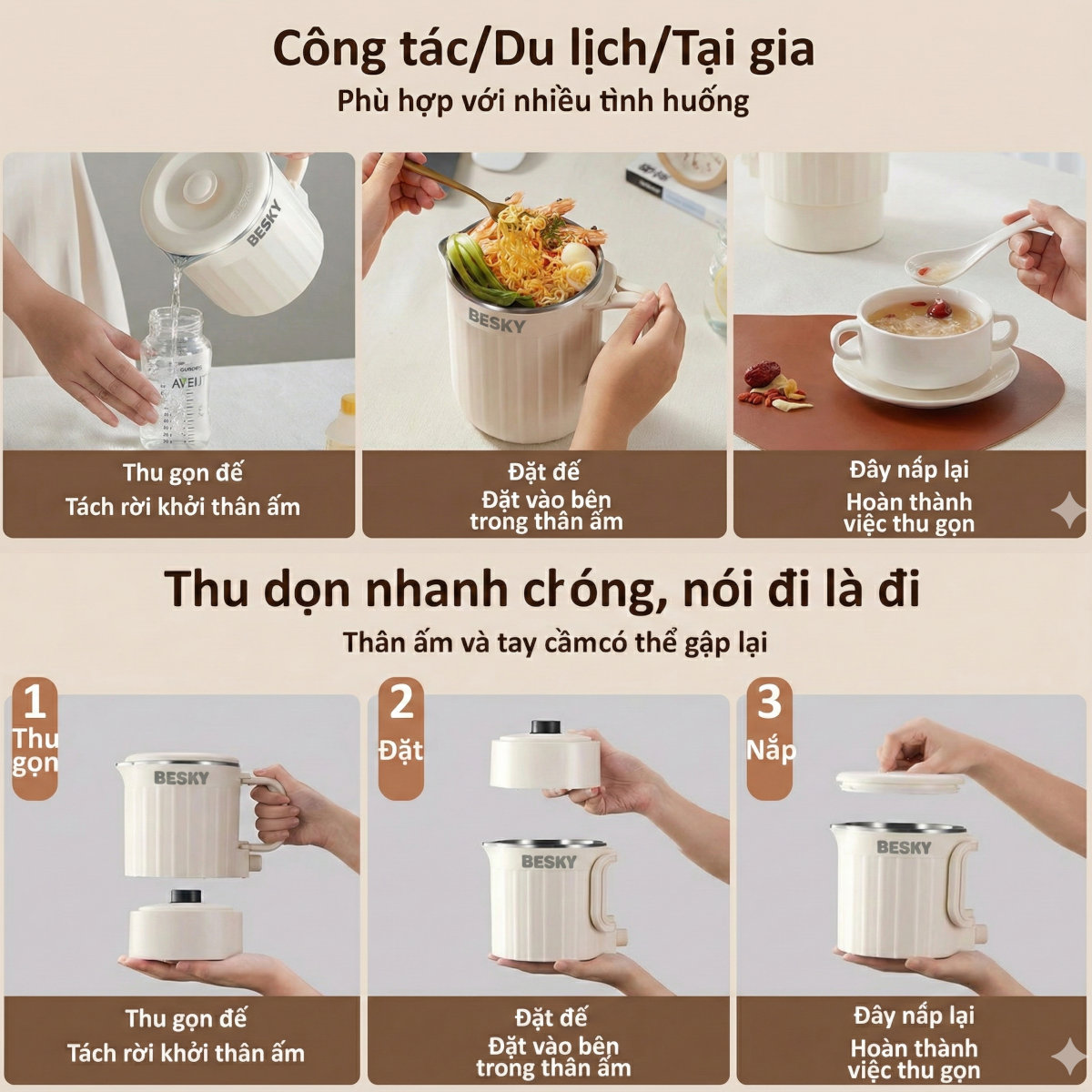 Nồi nấu điện mini đa năng Besky Kettle KN-1008 dung tích 0.8L, công suất 800W - Hàng chính hãng