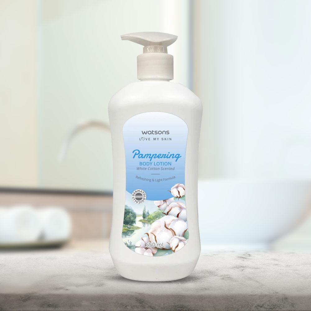 Sữa Dưỡng Thể Watsons Trắng Da Pampering Body Lotion White Cotton Scented 550ml.