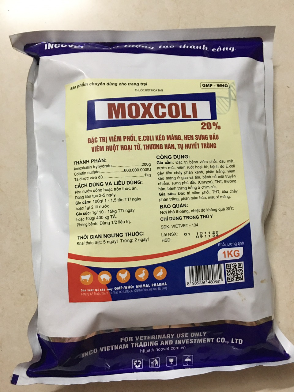 amoxcoli/moxcoli/amox 20% (1kg-Inco) dùng cho chó, mèo, gia súc, gia cầm