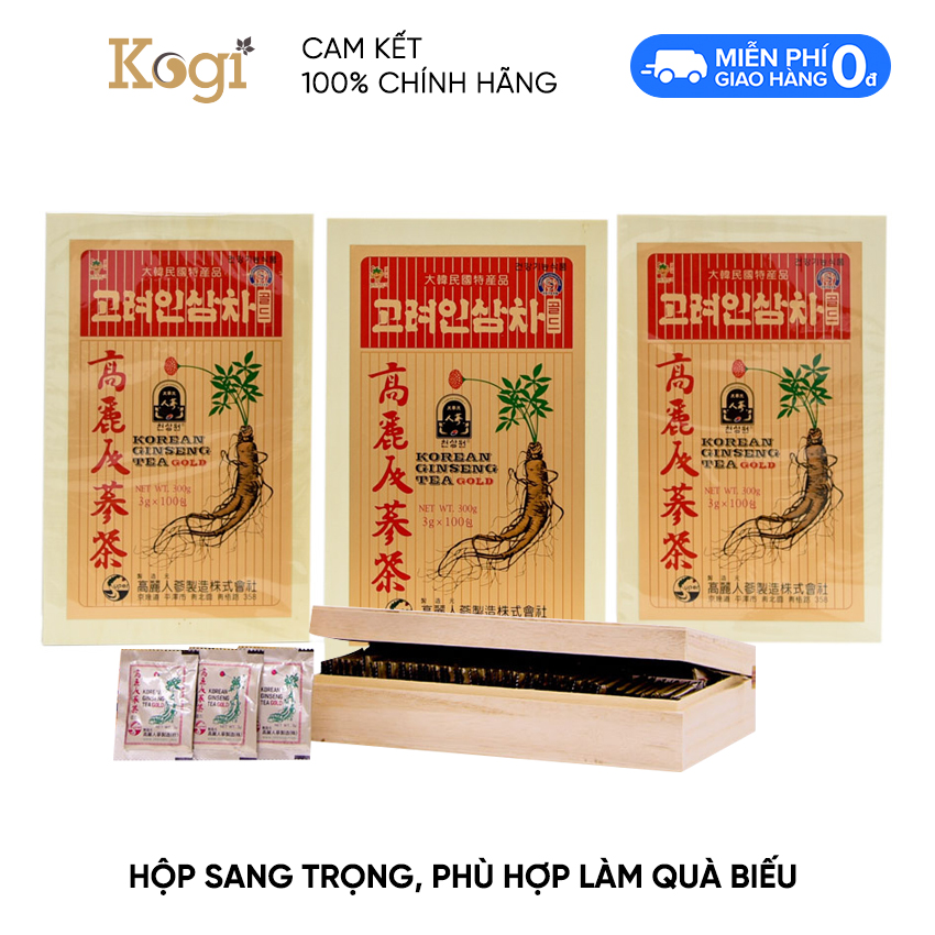 Trà hồng sâm Hàn Quốc Okinsam Hộp gỗ 100 gói - Dạng bột giúp giải nhiệt, giảm mệt mỏi, tỉnh táo tinh thần