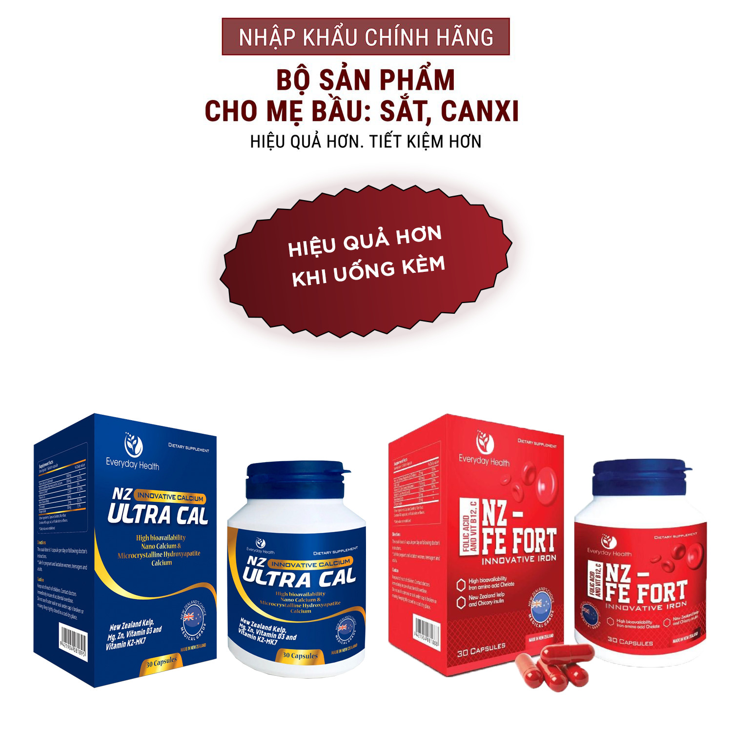 Bộ sản phẩm Sắt, Canxi cho mẹ bầu nhập khẩu chính hãng gồm: Viên sắt hữu cơ NZ FE FORT và viên canxi hữu cơ NZ ULTRA CAL