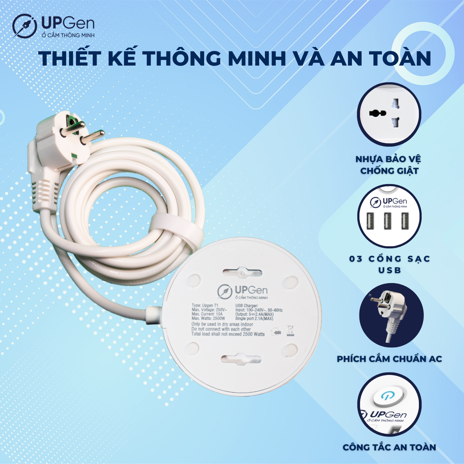 Ô cắm điện đa năng UPGEN T1 ERGOHOME có 3 cổng sạc USB cho điện thoại, 4 ổ cắm chịu tải 2500W, dây điện dài 2.5m, An Toàn, Chống Cháy, Chống Giật, BH 12 tháng