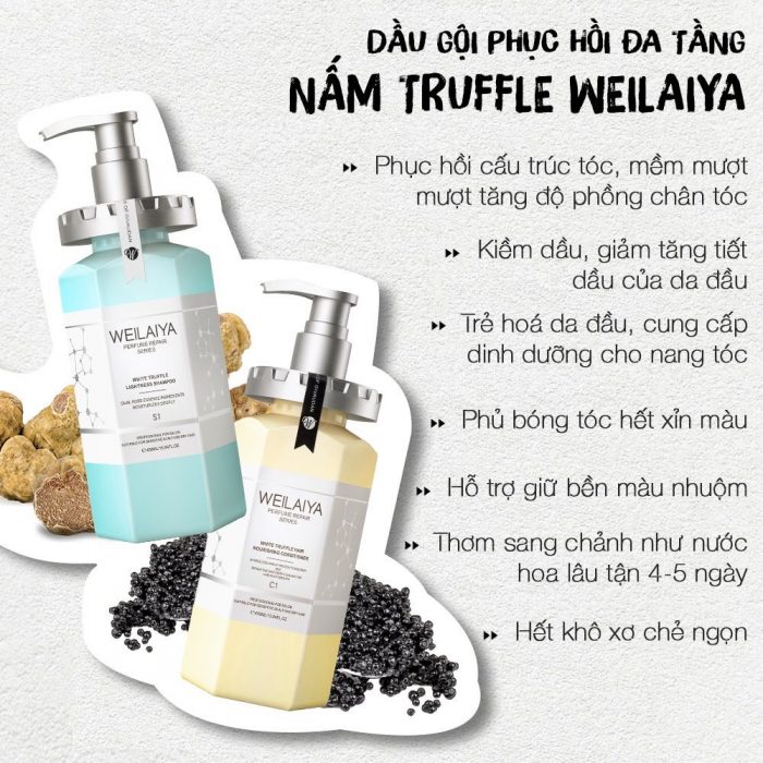 Set quà tặng cao cấp WEILAIYA: Cặp dầu gội xả phục hồi Nấm Truffle cho tóc hư tổn và Sữa tắm Hoa trà dưỡng trắng da