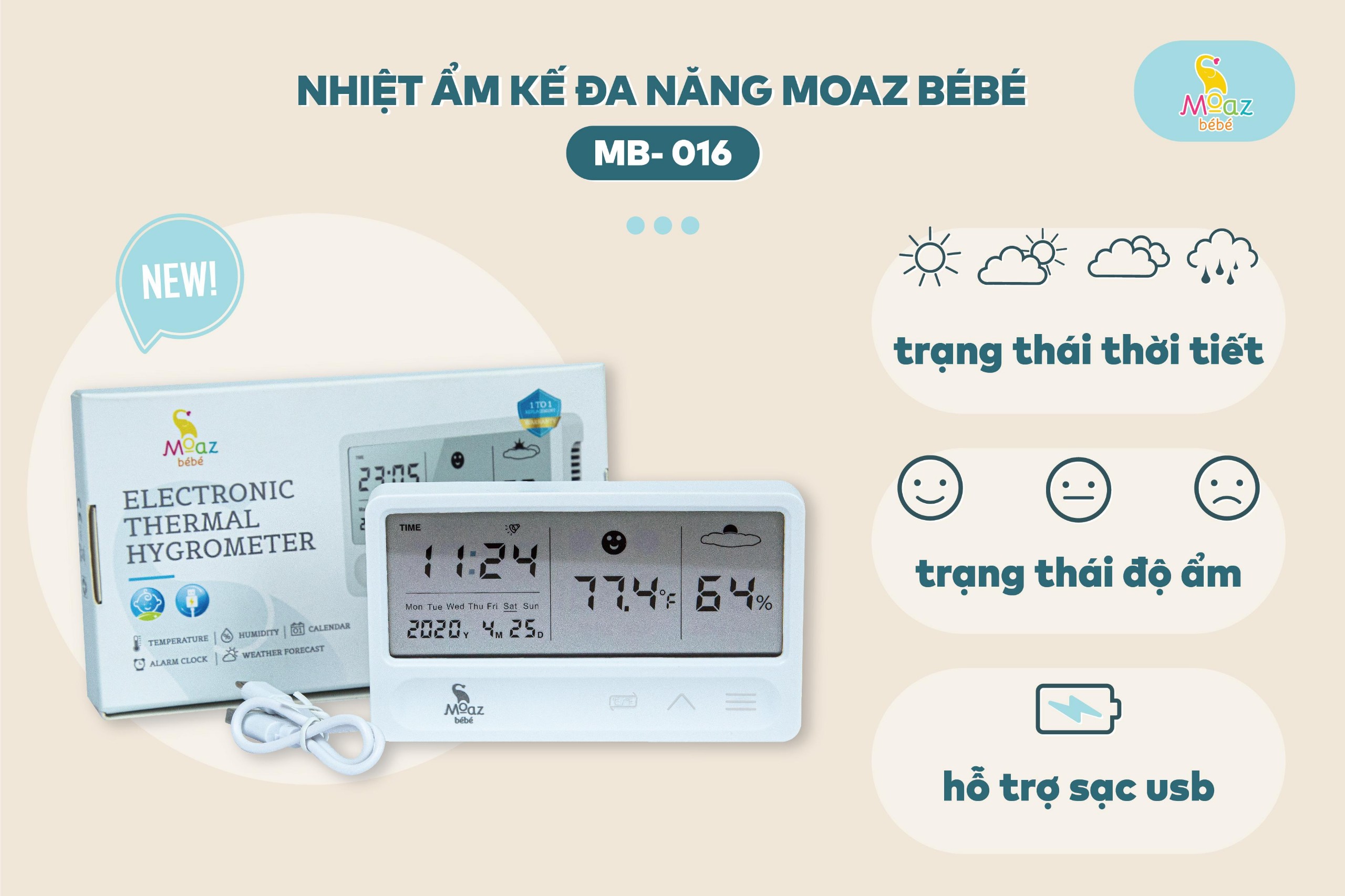 Đồng hồ đo nhiệt độ độ ẩm Moaz Bebe MB-016