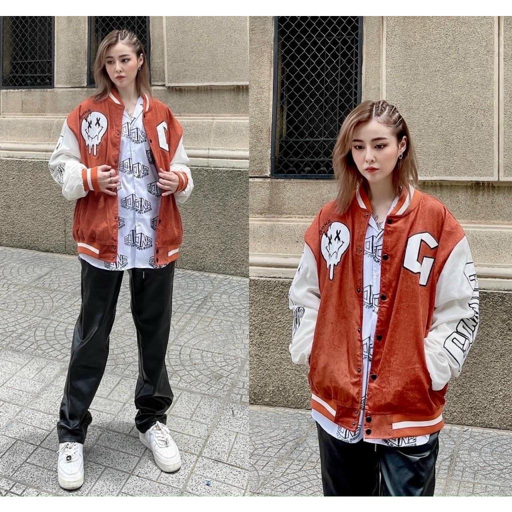 Hình ảnh Áo Khoác Nhung Gân Tăm Bomber Jackets Thêu Logo G.O.N.Z Cúc Bấm Unisex Nam Nữ Form Rộng Ulzzang, Áo Khoác Nhung Tăm Thêu Chữ G, Áo BomBer Bóng Chày Nam Nữ Phong Cách Hàn Quốc