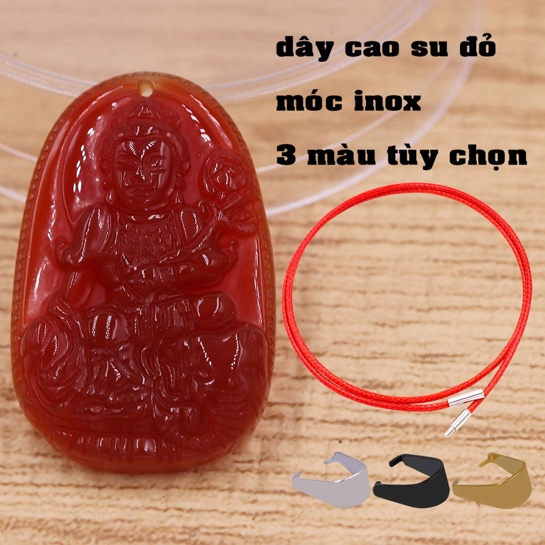 Mặt Phật Phổ hiền mã não đỏ kèm vòng cổ dây cao su đỏ + móc inox vàng, mặt dây chuyền Phật bản mệnh, vòng cổ mặt Phật