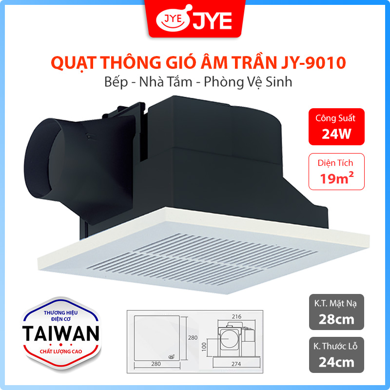 Quạt Hút Thông Gió Gắn Âm Trần JYE (JY-9010) Công Suất 24W, Đường Ống Ngang Dùng Cho Nhà Vệ Sinh &amp; Phòng Tắm, Điện Cơ Taiwan Chất Lượng Cao - Hàng Chính Hãng