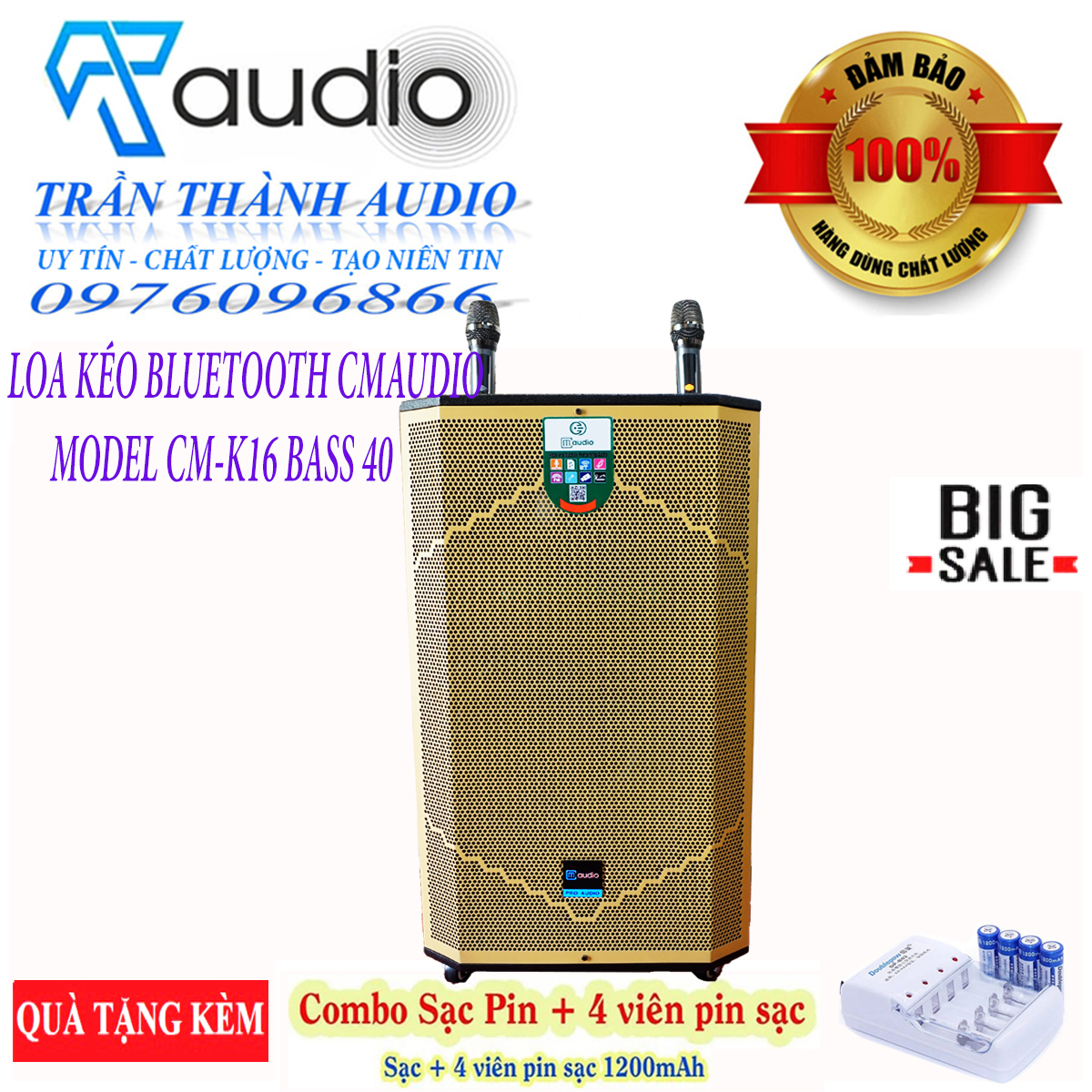 Loa kéo bluetooth CMAUDIO Model K16 bass 40,hàng chính hãng nhập khẩu 2023,tặng bộ sạc không dây và 4 quả pin 1200mah