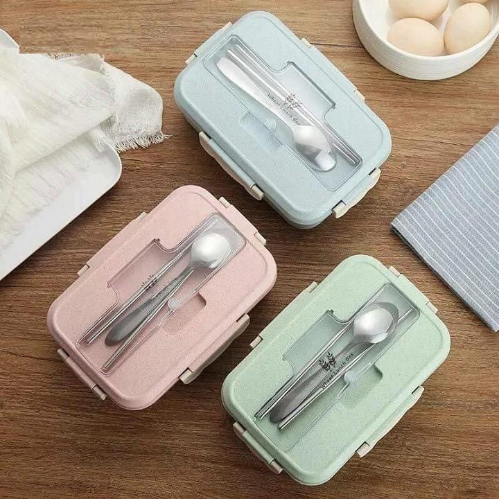 Hộp đựng cơm lúa mạch 3 ngăn tặng kèm thìa và đũa inox