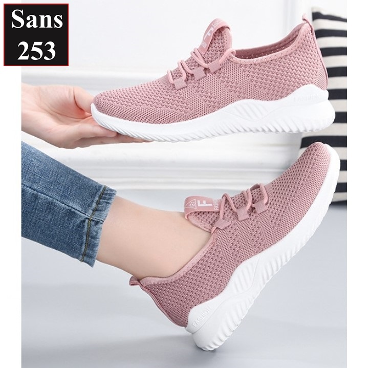 Giày thể thao nữ Sans253 chạy bộ chất vải thoáng khí êm chân sneaker màu hồng đen xám trắng đi học đế thấp bigsize 40 41