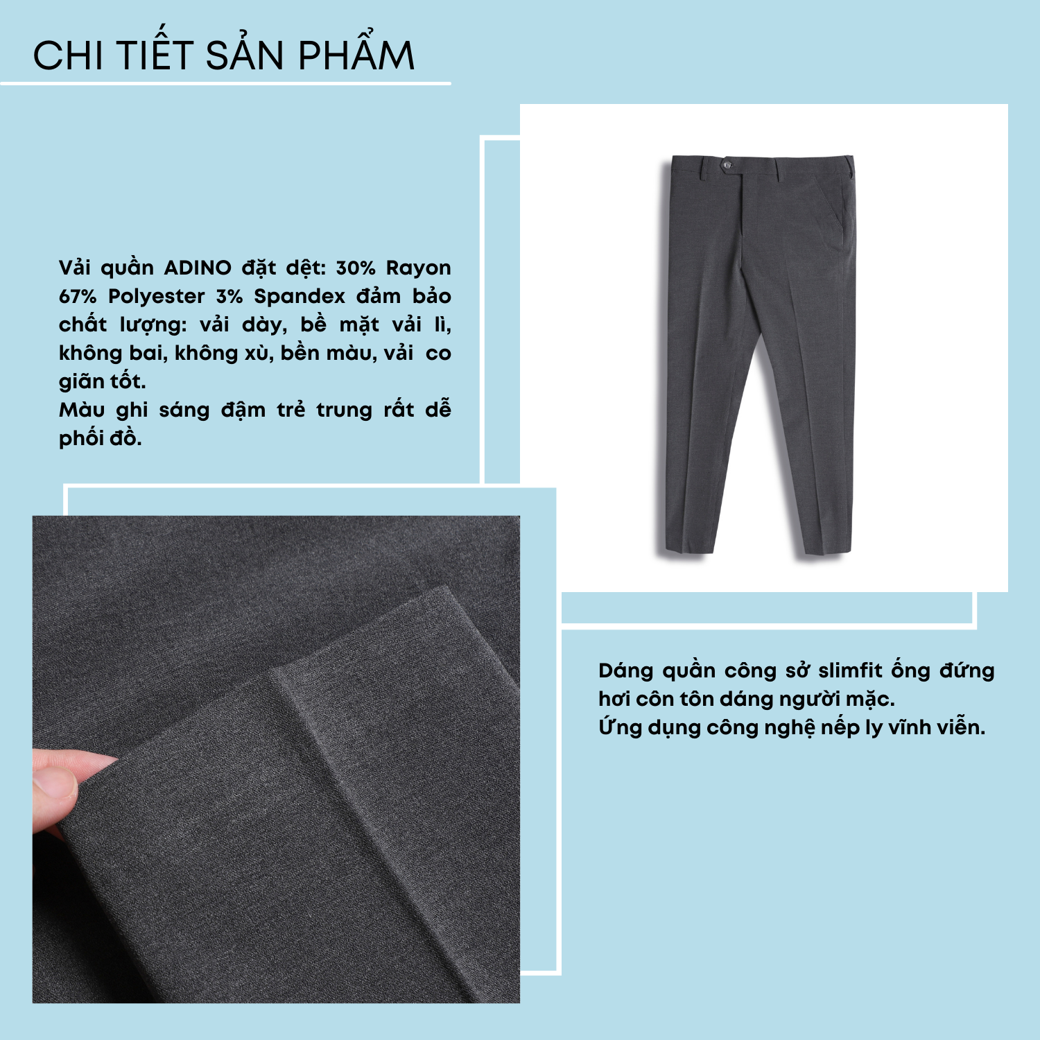 Quần tây nam hàn quốc màu ghi đậm ADINO vải rayon polyester co giãn không bai không xù dáng công sở ống đứng hơi côn QA131