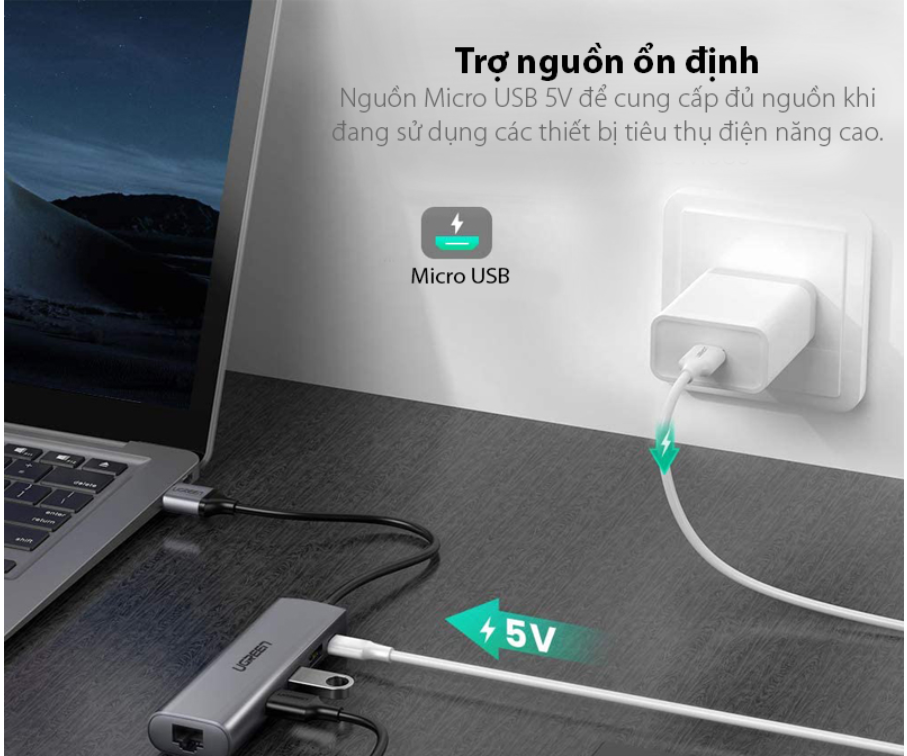 Hub usb 3.0 ra 3 cổng + RJ45 Gigabit Ethernet nguồn micro usb 20CM màu xám Ugreen 266HUB60812CM Hàng chính hãng