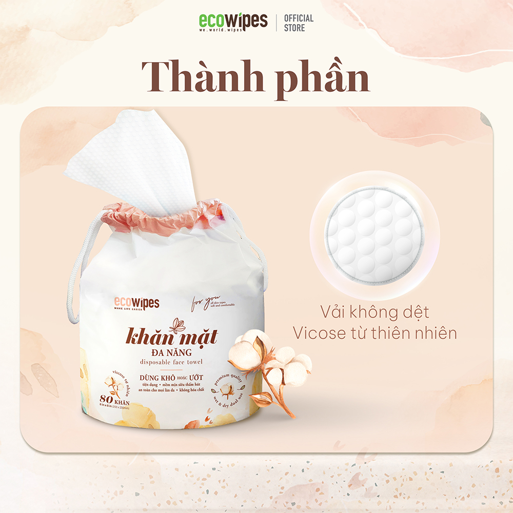 Combo 05 túi khăn mặt khô đa năng Ecowipes cuộn 80 tờ size khăn 20x20cm dùng 1 lần lau khô lau ướt giấy lau mặt dùng một lần