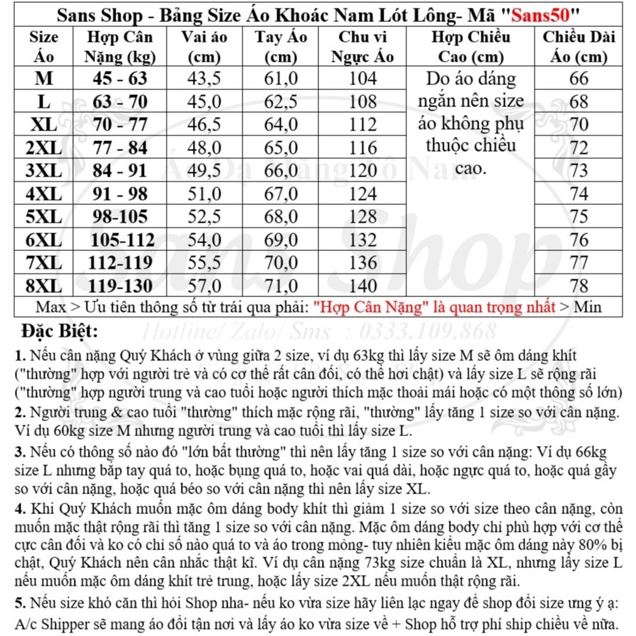 Áo khoác nam lót lông Sans50 big size 150kg 140kg 130kg 120kg bigsize 110kg 100kg 90kg 80kg đại hàn dày dặn mũ tháo rời