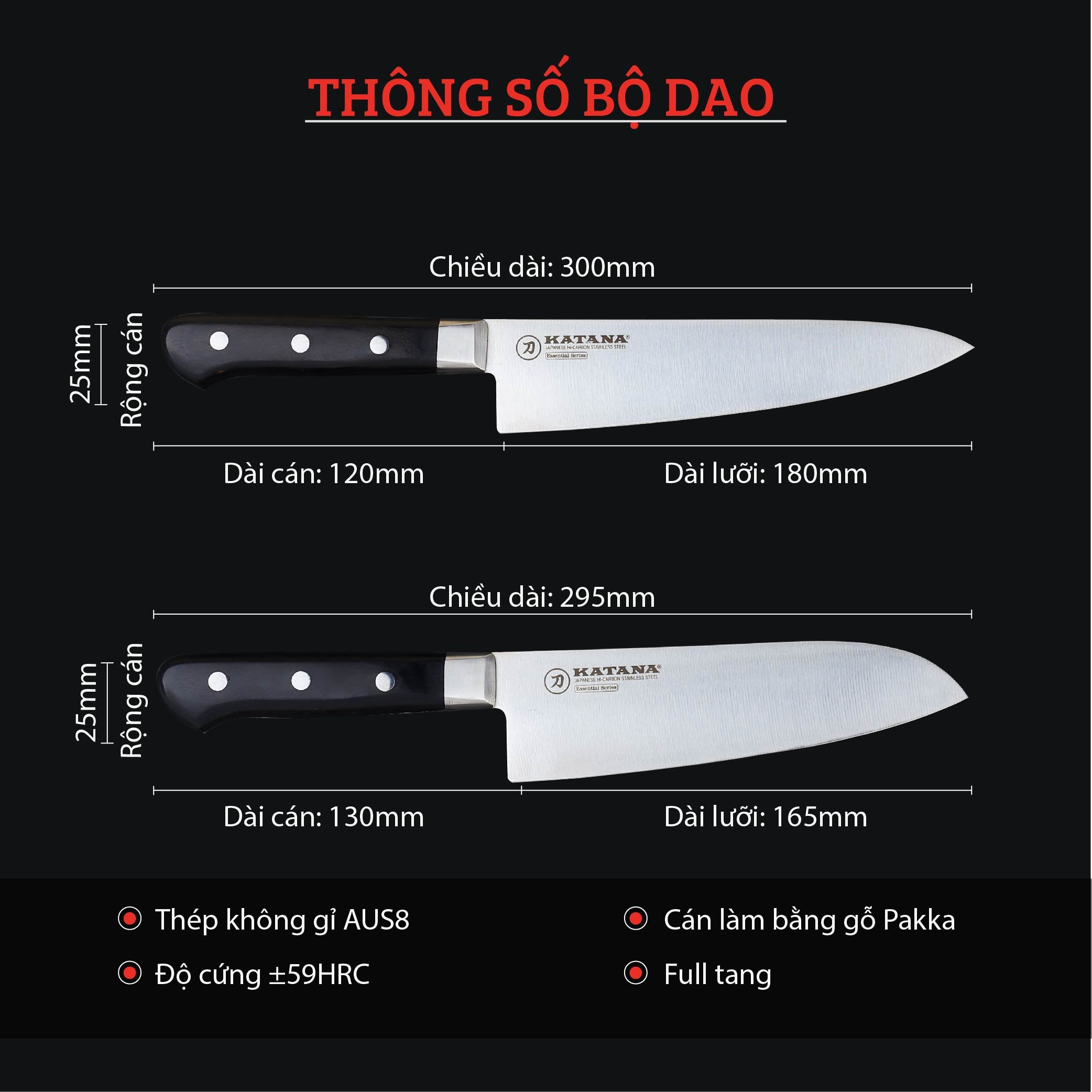 Hộp gỗ 2 chiếc dao bếp cao cấp Essential KATANA, Dao thái thịt cá đa năng - KATA220