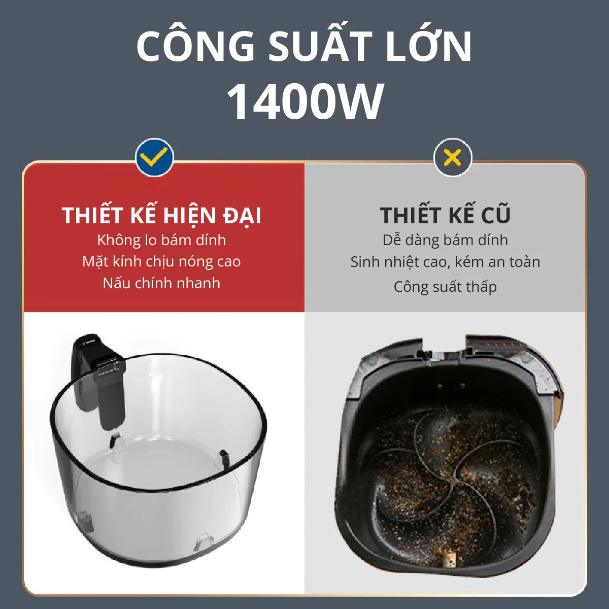 Nồi chiên không dầu lòng thủy tinh khay inox 304 không bong chống dính, gỉ sét, dung tích tổng 6L bảo hành 24 tháng