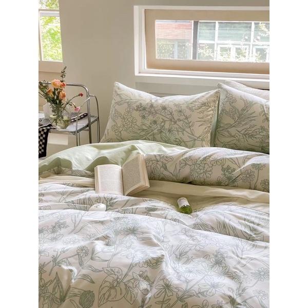 Bộ Chăn Ga Gối Cotton Living Hàng Nhập Khẩu Cao Cấp 4 Món Hoa Xinh Xanh Mát