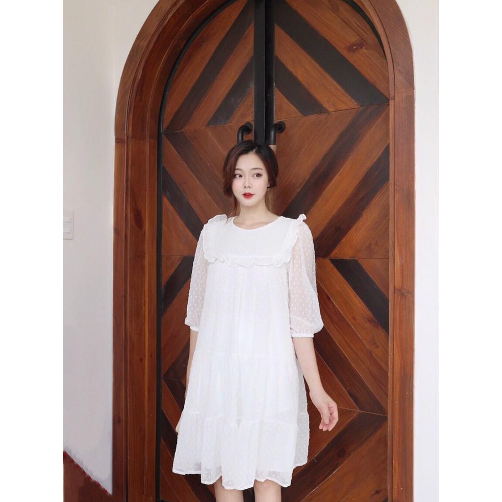 ĐẦM VOAN HỘT TAY LỠ CỔ TRÒN PHỐI BÈO NGỰC DÁNG XÒE BABYDOLL-hình thật shop chụp
