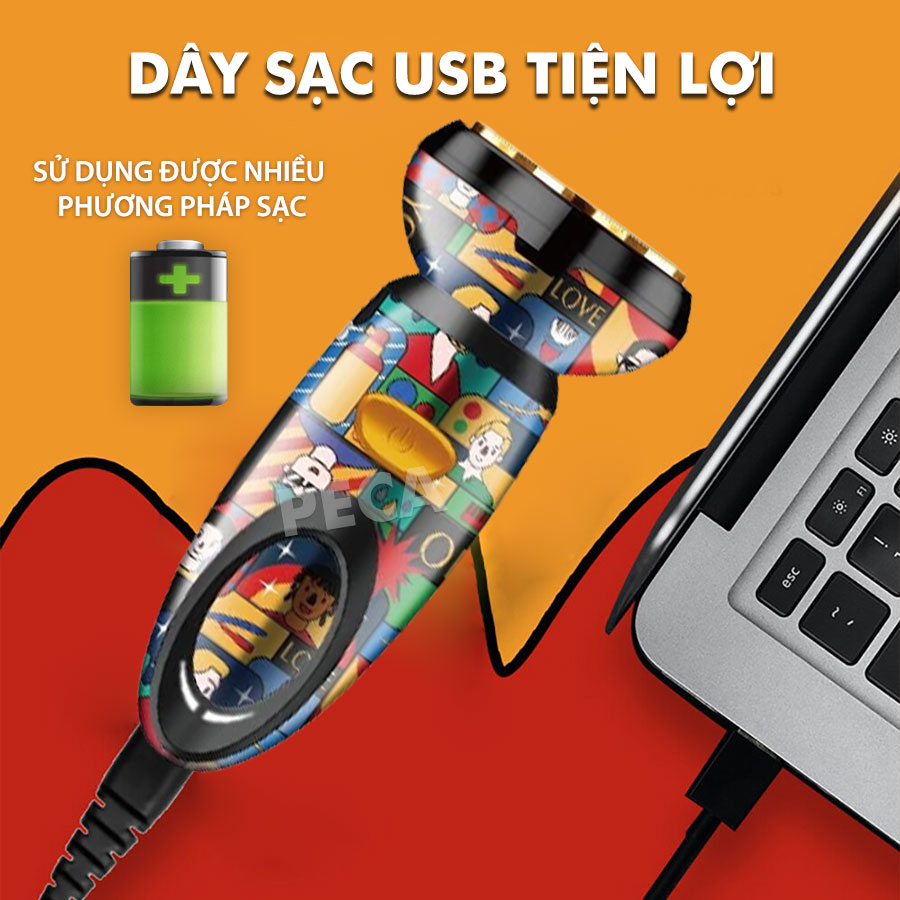 Máy cao râu KEMEI KM-RS503 lưỡi kép 4D thiết kế vỏ bọc sang trọng màu sắc TREND GRAFFITI phiên bản mini cá tính, sử dụng sạc USB tiện lợi - phân phối chính hãng