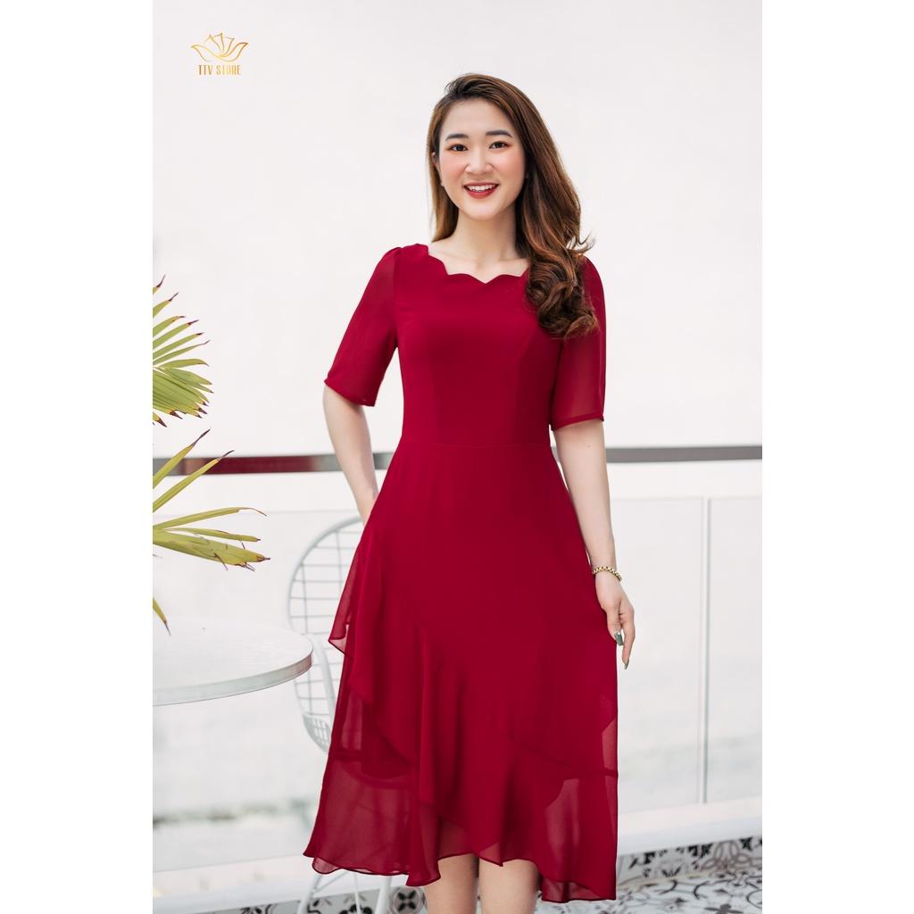 Đầm xòe dự tiệc thiết kế sang trọng cổ sóng nước chân váy bèo Đỏ đô - TTV961