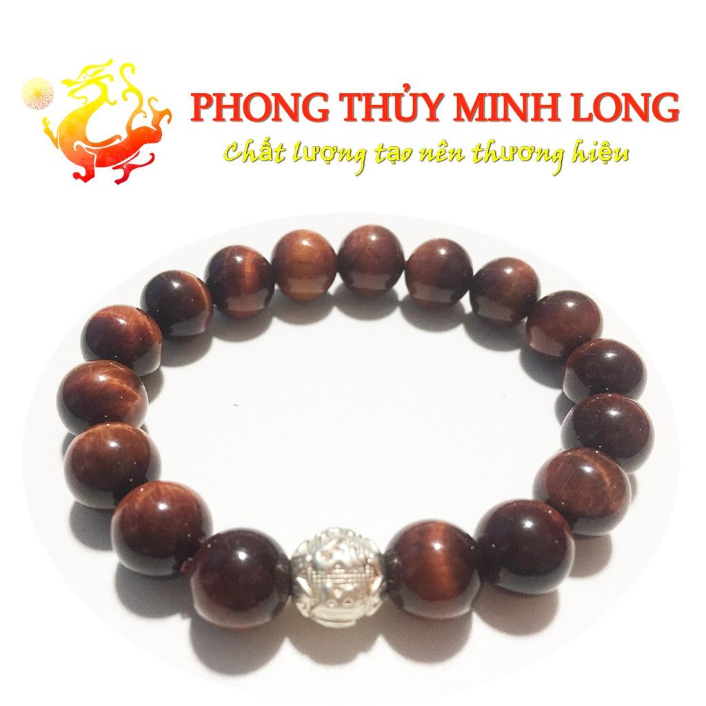 Vòng tay đá mắt hổ Đỏ Nâu chất lượng 5A mix 1 hạt Kim Tiền Bạc hợp mệnh Hỏa và Thổ