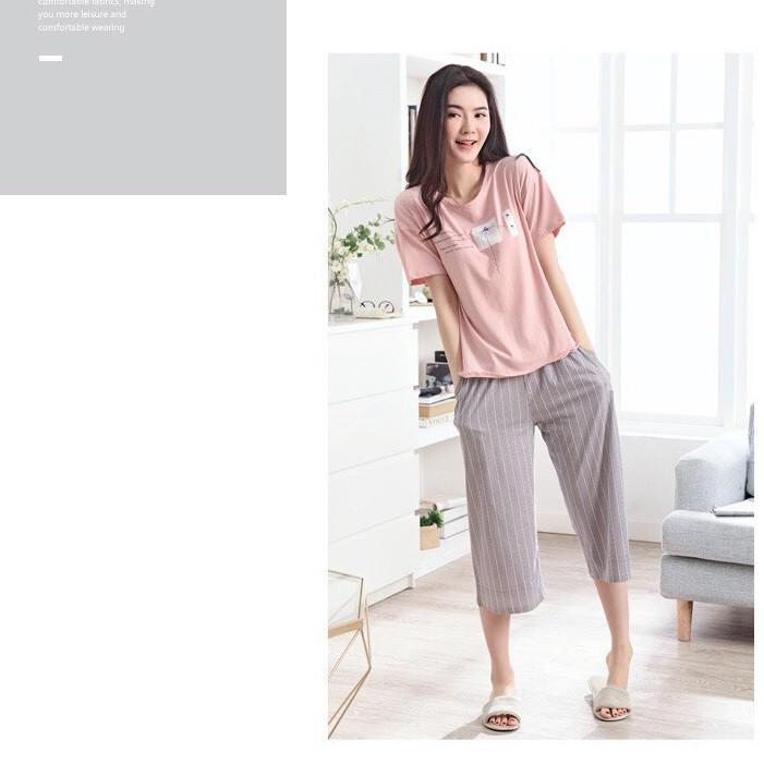 Bộ lửng nữ thun cotton hồng nude họa tiết quần kẻ