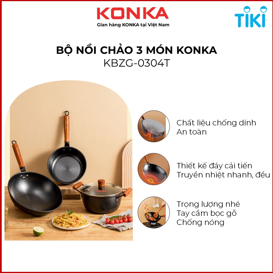 Bộ nồi chảo chống dính Konka Mẫu Mới thép tôi bóng, chống dính chống mài mòn-Hàng nhập khẩu