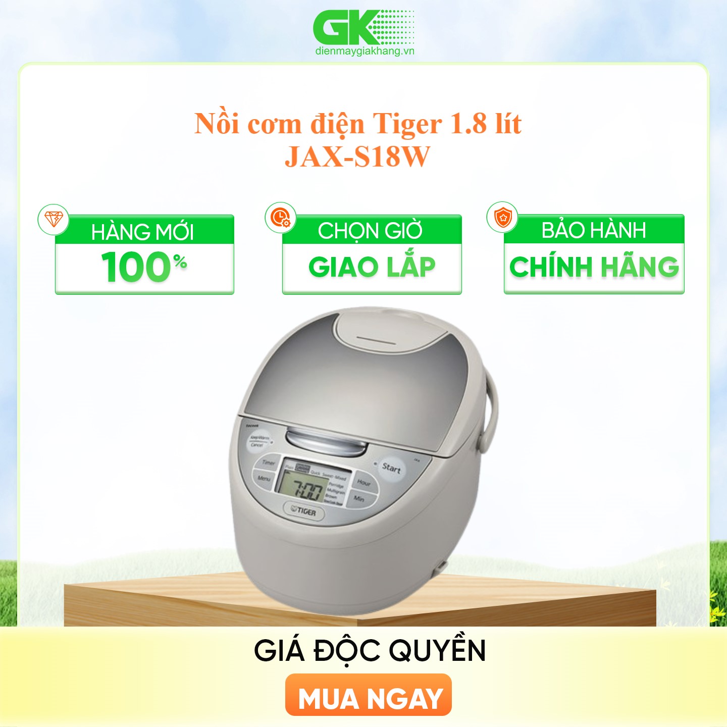 Nồi Cơm Điện Tử Tiger JAX-S18W - 1.8L - Hàng Chính Hãng