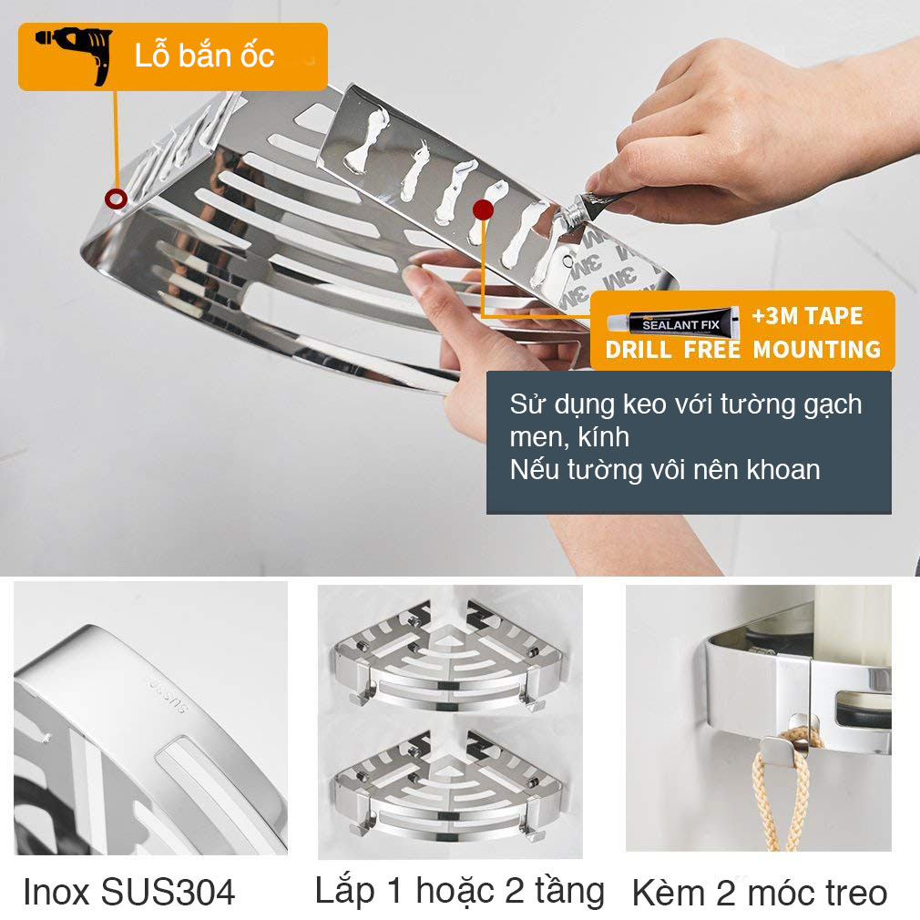 Kệ góc nhà tắm dán tường inox 304 bóng Hobby Home Decor KG1 kèm keo dán và đinh ốc