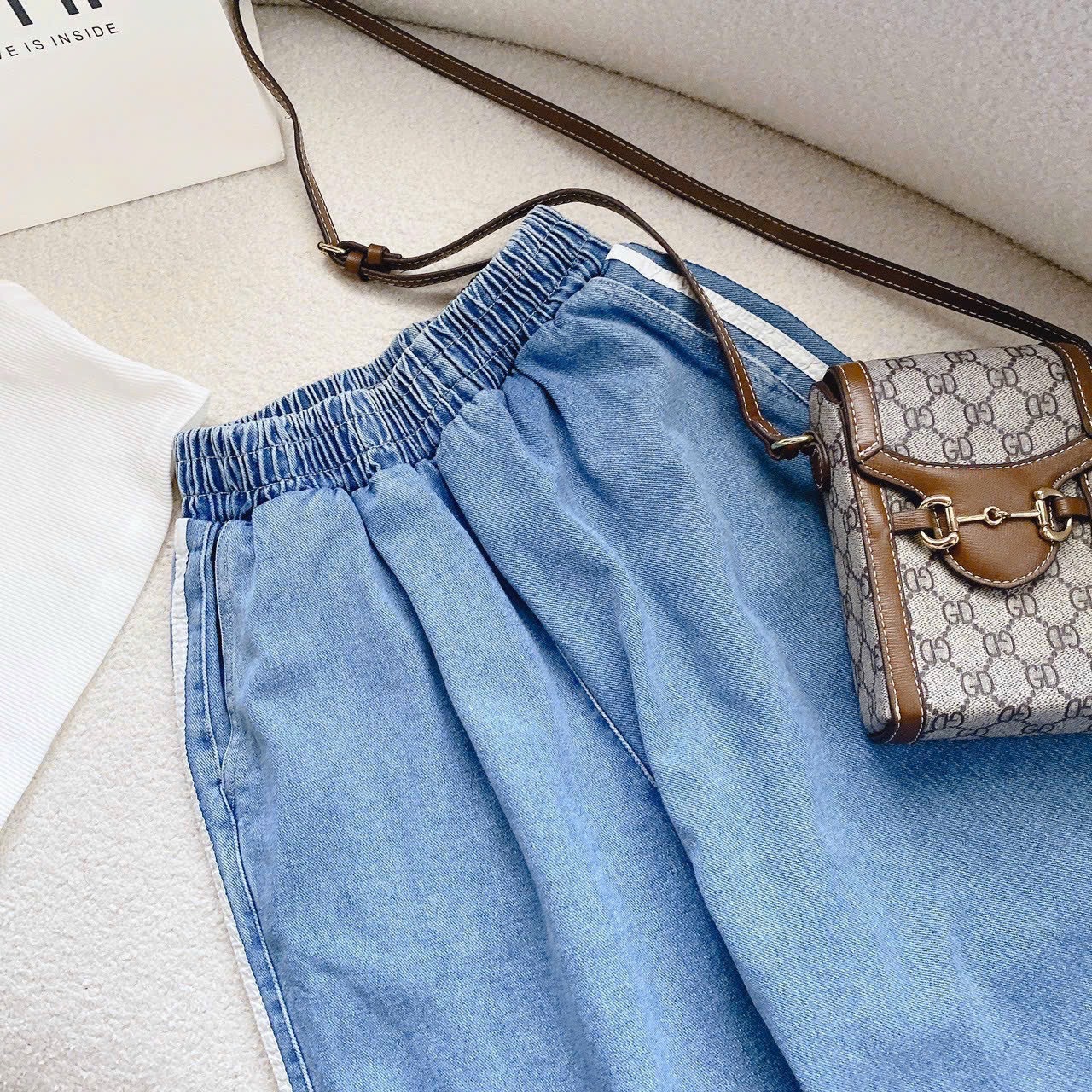 SET QUẦN JEANS ỐNG RỘNG LƯNG THUN CAO DÀI DENIM + ÁO THUN 3 LỖ TRẮNG TRƠN CƠ BẢN BASIC DẠO PHỐ ĐI CHƠI ĐI BIỂN ĐI TIỆC