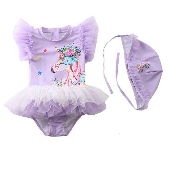 Đồ bơi liền váy bikini ngựa unicorn kèm nón dễ thương cho bé gái nhỏ