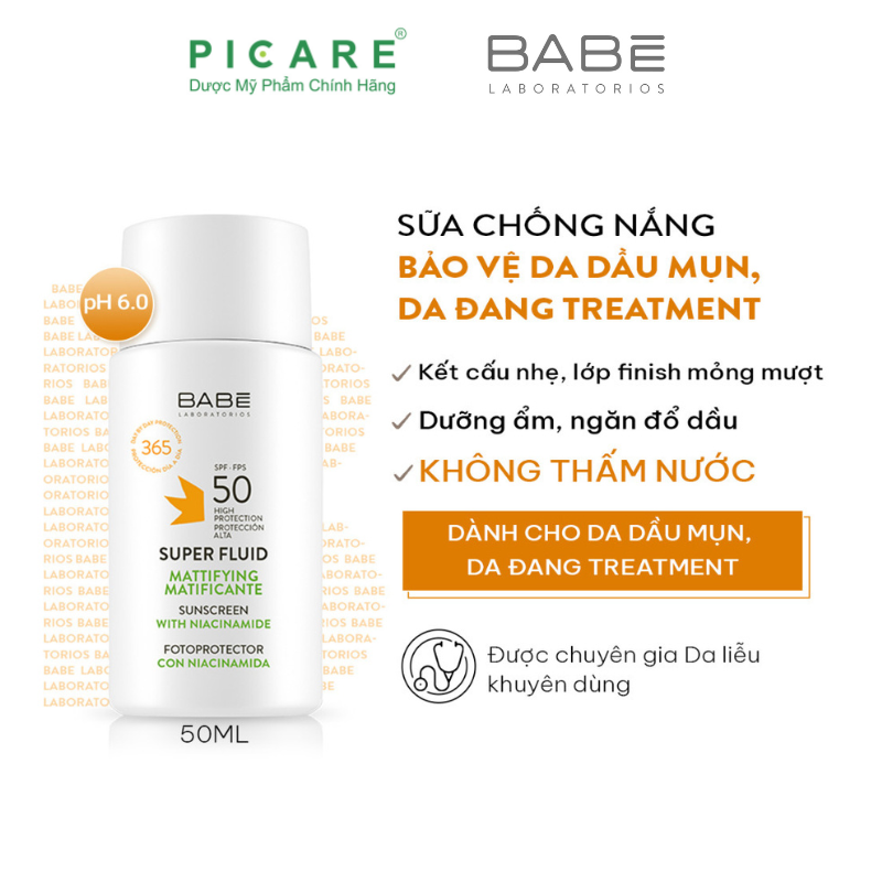 Kem Chống Nắng Babe Super Fluid Mattifying Sunscreen Spf 50 Phổ Rộng, Kiểm Soát Dầu 50ml