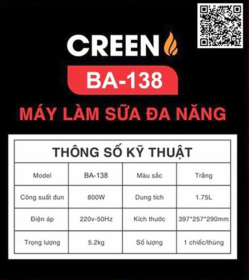 Máy Làm Sữa Hạt Đa Năng CREEN BA-138 Thay Thế 8 Dụng Cụ Nhà Bếp , Dung Tích 1.75L, Công Suất 800W, Thương Hiệu Tây Ban Nha - Hàng chính hãng