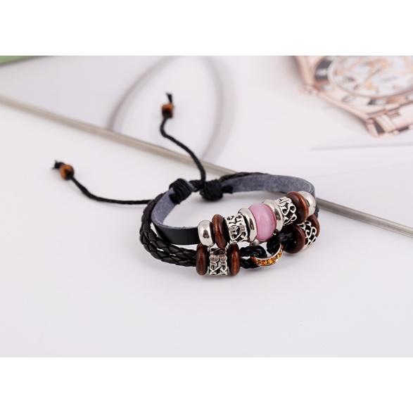 Vòng Đeo Tay Cá Tính Mix Hạt Gỗ + Hạt Gốm Da Unisex