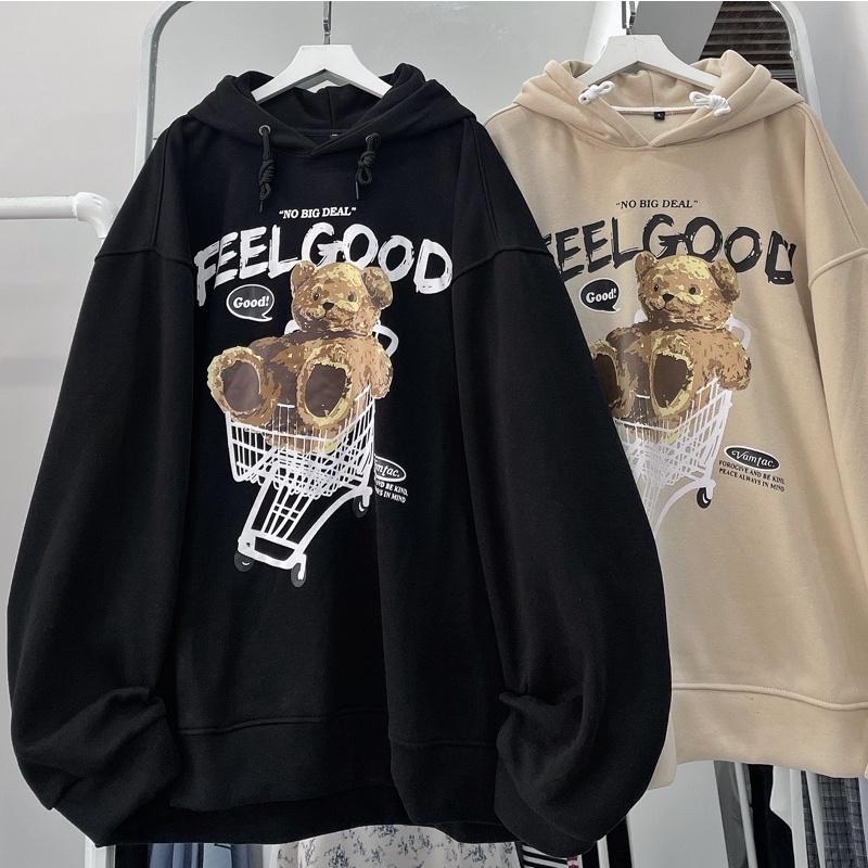 Áo hoodie gấu màu đen + kem ảnh thật unisex