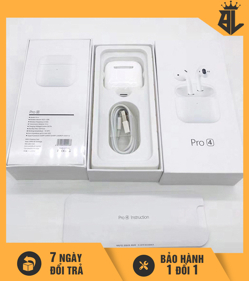 Tai nghe Bluetooth Pro4 không dây chống nước chống ồn, Micm thoại rõ cảm ứng chạm 2 bên đàm, Bluetooth V5.0 kết nối nhanh bắt xa hơn 10m, Âm bass to và ấm, Định vị, Đổi Tên